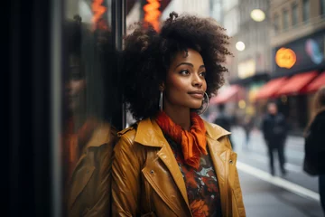 Fotobehang Fashionable beautiful african woman in city street portrait © nao