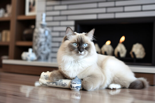 Photo of a pet Birman cat with living room background