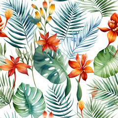 Seamless pattern of Boho foliage botanical tropical leaves and floral pattern. Wrapping paper pattern
