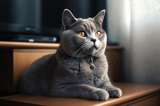 Photo of pet British Shorthair cat in living room background