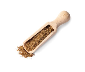 Scoop of aromatic caraway (Persian cumin) powder isolated on white, top view