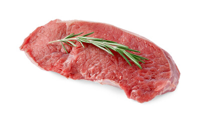 Piece of raw beef meat with rosemary isolated on white