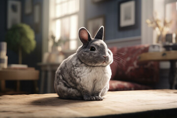 Photo of a pet Chinchilla with living room background