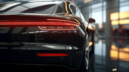 A realistic depiction of a black luxury car's rear view in a dealership, showcasing its distinctive taillights and dual exhaust pipes.