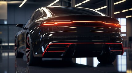 Naklejka premium A realistic depiction of a black luxury car's rear view in a dealership, showcasing its distinctive taillights and dual exhaust pipes.