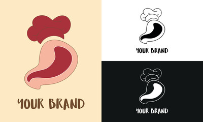 Logo Beef Steak Chef Logo Template. Hand Drawn Beef Steak and Cow Animals with casual design. Vintage casual Style logo Emblems.