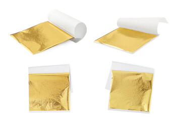 Edible gold leaf sheet isolated on white, set