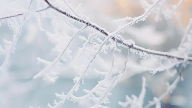 The frost on a tree branch looks like a delicate and beautiful lace veil dd over the bark.