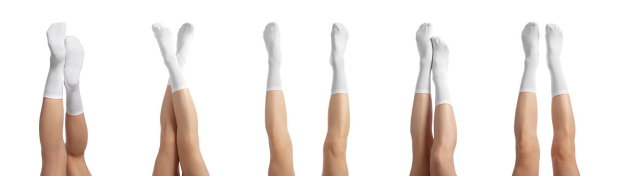 Women in stylish socks on white background, collection of photos