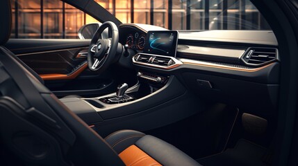 A detailed view of a luxury black car's interior through its open door in a dealership salon, showcasing the high-quality leather seats and advanced dashboard