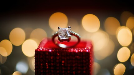 A sparkling diamond ring elegantly placed on a vibrant red box. - Powered by Adobe