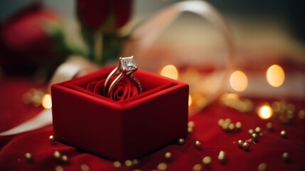 A sparkling diamond ring elegantly placed on a vibrant red box. - obrazy, fototapety, plakaty