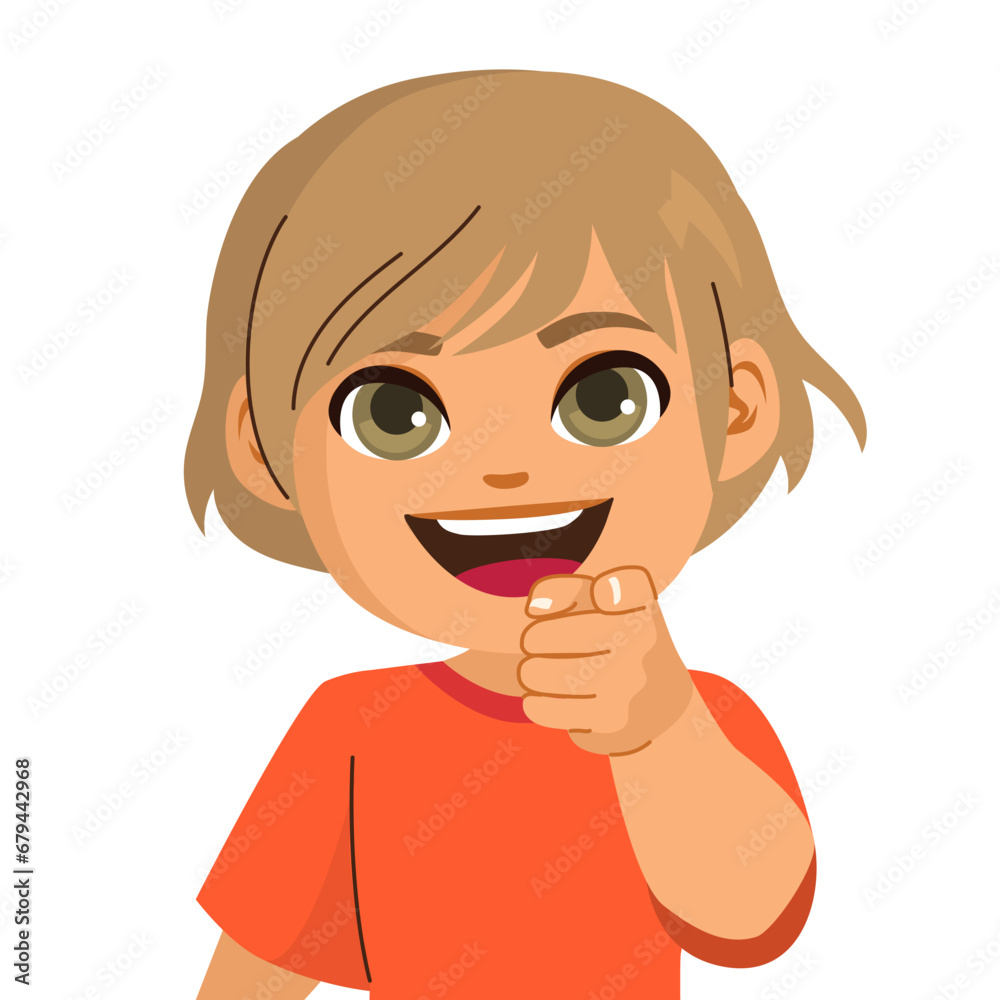 Wall mural child pointing at you with finger i choose you concept vector illustration. front view happy boy exp