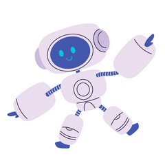 Cute funny active robot retro AI machine character. Positive happy robotic technology with face vector illustration isolated on white background