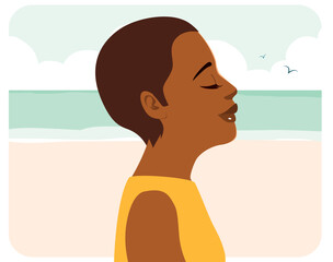 Happy young black woman side view relaxing on beach vector illustration. African american girl enjoy vacation. Carefree profile happy young woman sunbathing at sea with copy space.