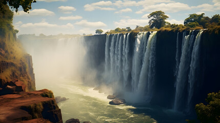 Magnificent Victoria Falls, where powerful cascades of water plunge into a misty abyss, creating an awe-inspiring natural spectacle, travel place. Ai Generated.NO.01