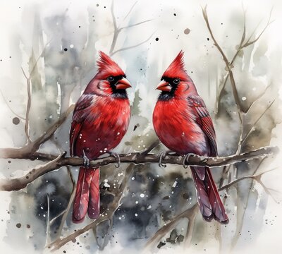 Red cardinal bird in the forest watercolor painting wall art with generative ai