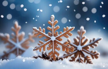 Beautiful decorative snowflakes in the snow against a blue natural background with falling snow and bokeh. Christmas winter background for design