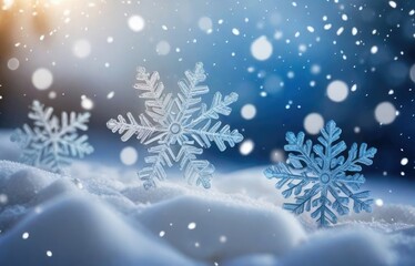 Beautiful decorative snowflakes in the snow against a blue natural background with falling snow and bokeh. Christmas winter background for design