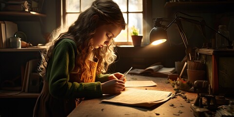 a girl is studying on a desk near a window, in the style of intense and dramatic lighting, generative AI - obrazy, fototapety, plakaty