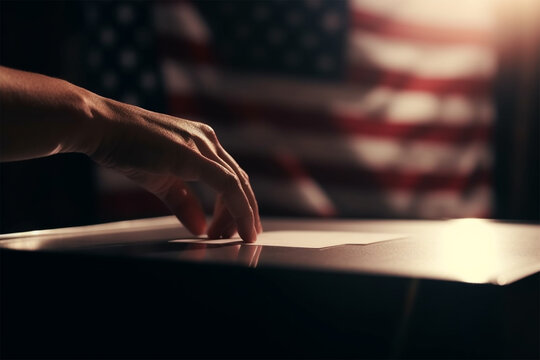 The hand of a man casting his vote in a ballot box against the backdrop of the American flag. Elections in the USA.