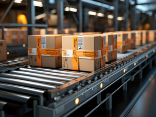 cardboard boxes moving smoothly along a conveyor belt in a warehouse fulfillment center. e-commerce, delivery, automation and logistics concept.