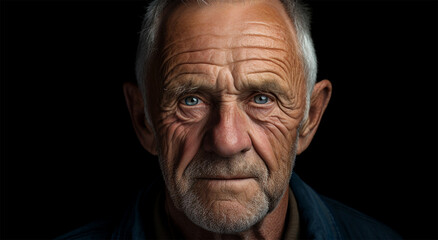 Fototapeta premium close-up portrait of a gray-haired confident elderly man with deep wrinkles on a black background. free space for text. 
