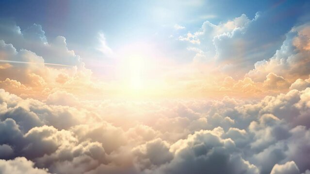Above the clouds a shining spark of intense sunlight blazes down casting an ethereal glow of shimmering solar radiance.
