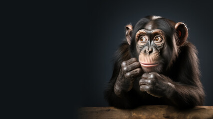Confused chimpanzee is contemplating isolated on gray background