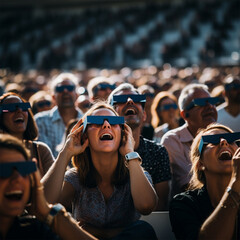 young people sitting in the park wearing special glasses watching the solar eclipse - obrazy, fototapety, plakaty