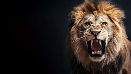 Angry lion roaring with open mouth isolated on gray background - obrazy, fototapety, plakaty