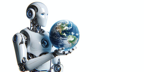 Banner humanoid robot holding an Earth globe in its hand on a white background. Concept of futuristic technology and global connectivity. AI Generative - obrazy, fototapety, plakaty