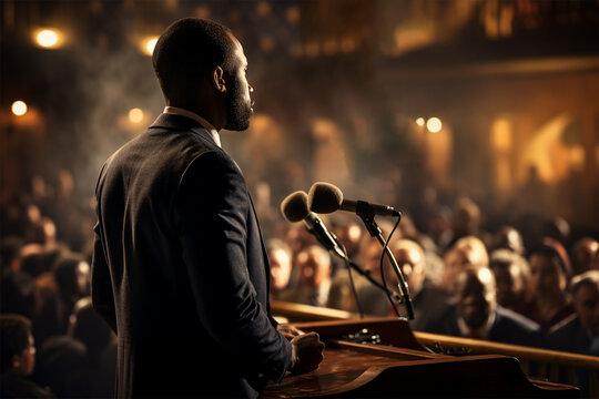 African American politician at a microphone giving a speech at a conference or meeting. 