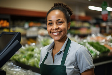 A happy supermarket cashier at work. A cheerful cashier skillfully conducts operations at the store's checkout, ensuring purchases.