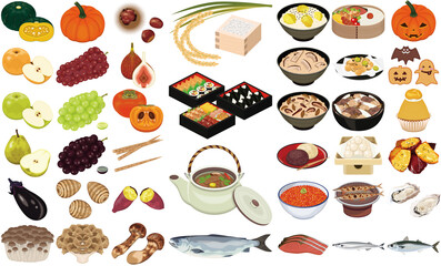 秋の味覚・料理のイラスト①（新米、さんま、松茸、焼きいも、ぶどう）