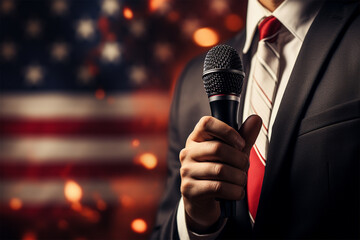 Man holding a microphone on stage against the background of the American flag.concept for elections, meetings and conferences.  - obrazy, fototapety, plakaty