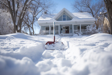 Shovel for removing snow from a path near a house - obrazy, fototapety, plakaty