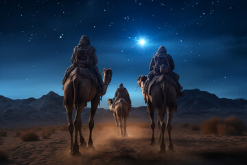 Three Wise Men, Three Kings follow Bethlehem star in the night - obrazy, fototapety, plakaty
