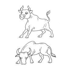Set of bull cartoon hand drawn illustration vector