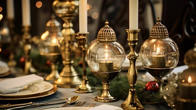 Closeup of a table set for a steampunk Christmas dinner, with antique silverware and brass candlesticks.