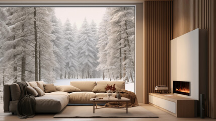 Contemporary Living Room with Snowy Forest View