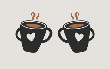 Minimalistic Coffee Mugs Forming Heart Shape - Vector Style Love Brew for Two