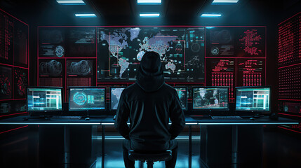 Unseen Hacker's Realm: Hooded Hacker in Modern Technological Monitoring Control Room with Digital Screens Background - obrazy, fototapety, plakaty