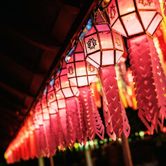 Lanterns made of colorful paper are hung during the annual festival at Wat Phra That Hariphunchai in Lamphun Province.