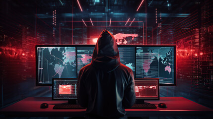 Shadowed Hacker's Lair: Hooded Hacker in Modern Technological Monitoring Control Room with Digital Screens Background - obrazy, fototapety, plakaty