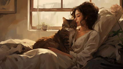 A woman and a cat enjoying together in a cozy house
