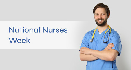 National Nurses Week. Nurse with stethoscope on light grey background, banner design