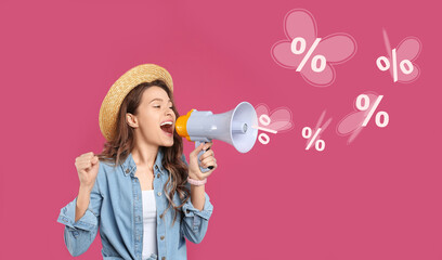 Discount offer. Woman shouting into megaphone on pink background. Percent signs flying out from...