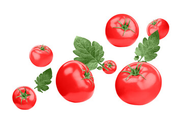 Fresh ripe tomatoes and green leaves flying on white background