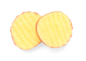 Slices of fresh raw potato on white background